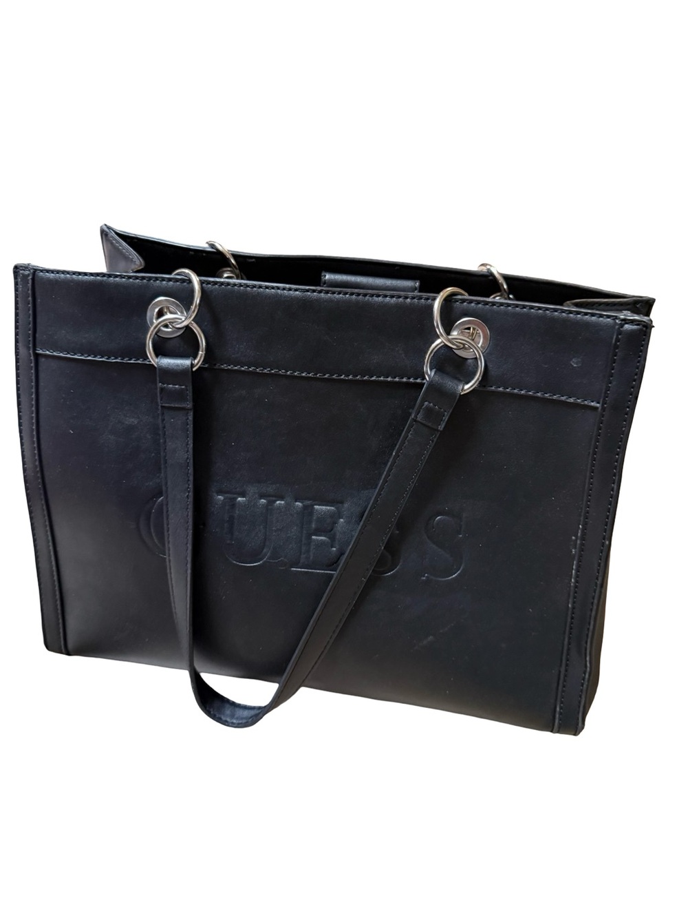 GUESS Black Faux Leather Tote Bag Large Logo Embossed Shopper